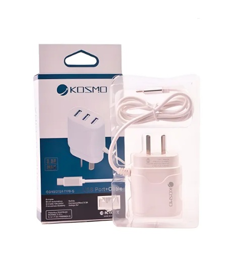 Cargador Kosmo 3.3a Carga Rapida 3 Salida Usb C Cable Tipo C